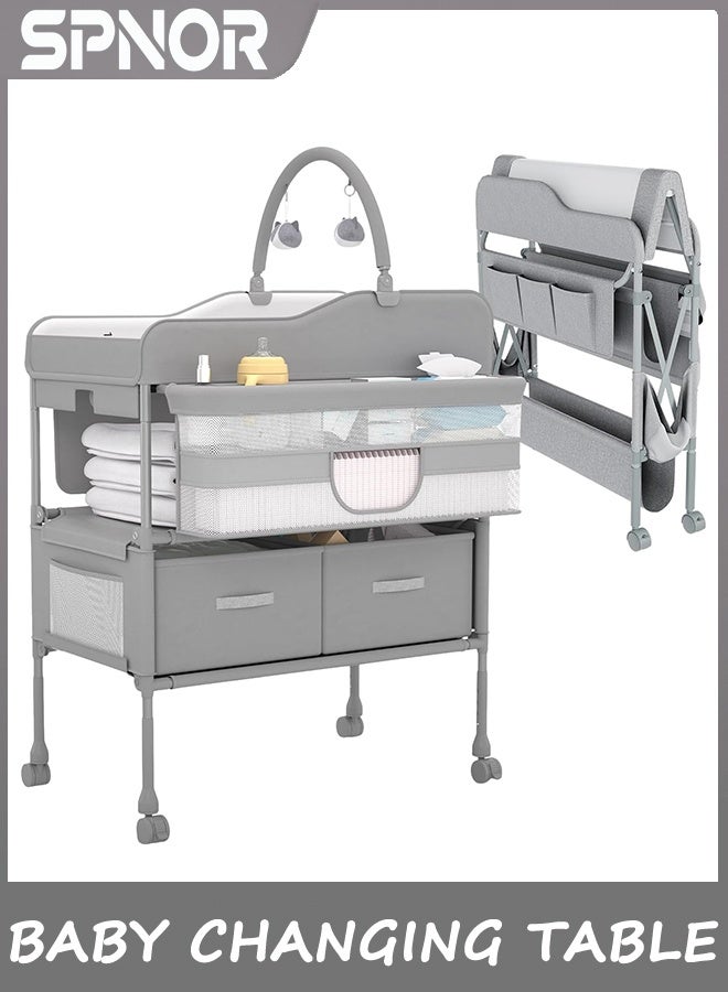 Spnor Baby Changing Table, Versatile Folding Changing Table, Waterproof Diaper Changing Station, Adjustable Height with 2 Drawers,Baby Changing Station, Mobile Nursery for Infant and Newborn - Image 1